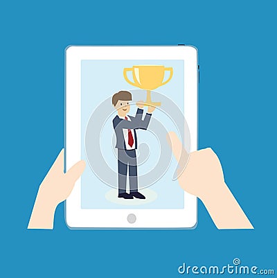 Businessman winning with the trophy cup. Winner and idea concept. Vector Illustration