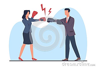 Businessman and woman in boxing gloves fighting each other. Male and female business characters in suit. Confrontation Vector Illustration