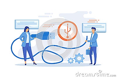 Businessman and woman choosing port to insert cable and USB symbol. USB connection, USB port standard, digital data communications Vector Illustration