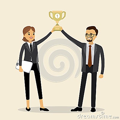 Businessman and woman holding the winner cup together,success concept Vector Illustration