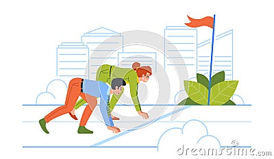 Businessman And Woman Stand On Low Starting Block, Ready To Sprint For Race. Characters Prepare For Competition Vector Illustration