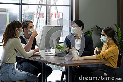 Businessman and women working in public places Stock Photo