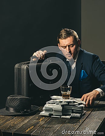 Businessman work in accountant office. Man in suit. Mafia. Making money. Economy and finance. Man bookkeeper. Money Stock Photo