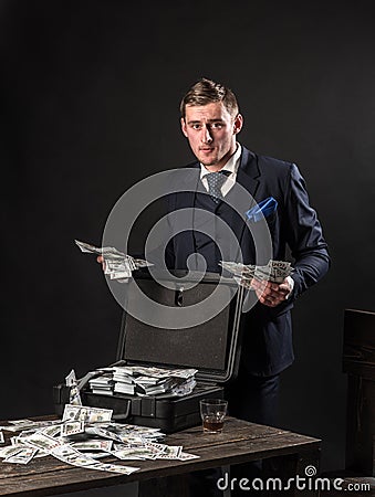 Businessman work in accountant office. Small business concept. Man in suit. Mafia. Making money. Economy and finance Stock Photo