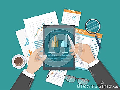 Businessman work with graphs on the tablet screen. Auditing, accounting, analysis, analytics. Documents, report. Top view. Vector Illustration