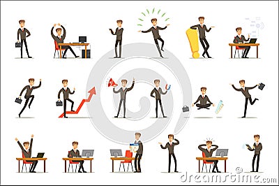 Businessman Work Process Set Of Business Related Scenes With Young Entrepreneur Cartoon Character Vector Illustration