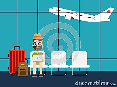 Businessman working at the airport with a laptop Vector Illustration