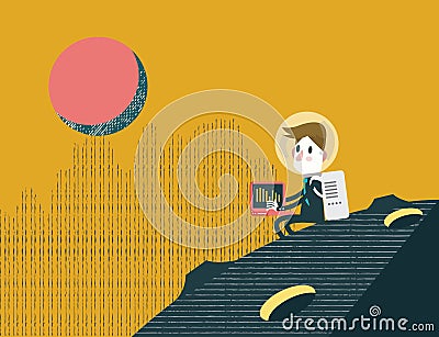 Businessman working alone on the planet. Business Leadership concept design. Vector Illustration