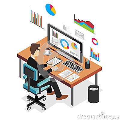 Businessman working and analyzing financial statistics. Business analysis concept Vector Illustration