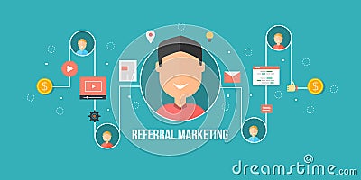 Referral marketing, network marketing, business partnership, affiliate program concept. Flat design vector banner. Vector Illustration