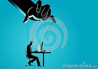 Businessman working and being controlled by puppet master Vector Illustration