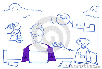 Businessman working brainstorming process bot helper modern robot artificial intelligence concept horizontal sketch Vector Illustration