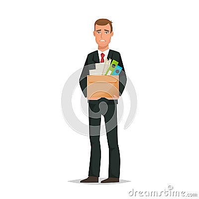 Man, office worker, holding box with documents, dismissal from work. Vector Illustration