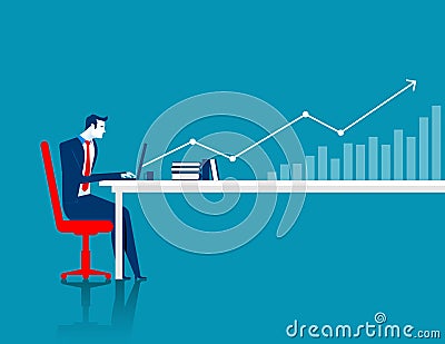 Businessman working at computer with arrow and chart Vector Illustration