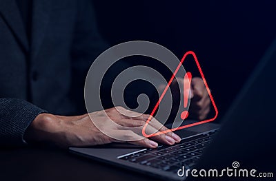 Businessman working on the computer. Warning alert system concept, hacked on the computer network, crime and virus, Malicious Stock Photo