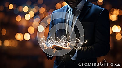 Businessman working with a digital phone or tablet on blurry dark bokeh background Stock Photo