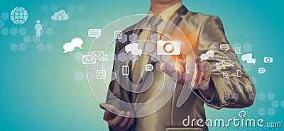 Businessman working with digital social network icon Stock Photo