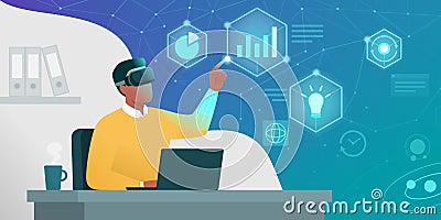 Businessman working and interacting with virtual reality Vector Illustration