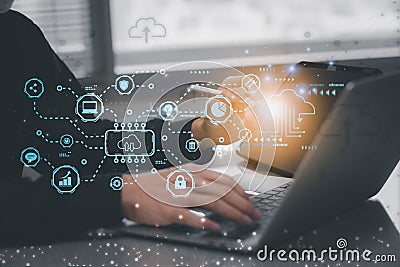 Businessman working laptop computer futuristic diagram network cloud computing stronge data system. interface cloud icon connect Stock Photo