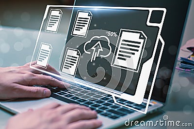 Businessman working on laptop computer,online electronic document information database,digital file cloud storage system or Stock Photo