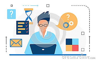 Businessman working with laptop on financial analysis information report, time management Vector Illustration