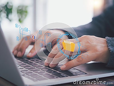Businessman working on laptop, paperless file management, archiving, online platform database, and network automation. Stock Photo