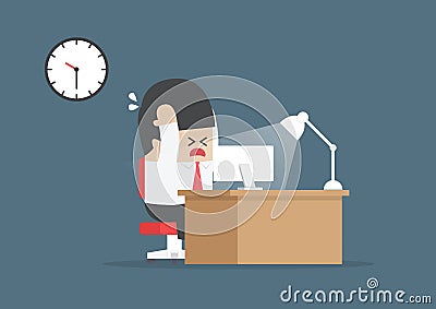 Businessman working overtime at his desk Vector Illustration