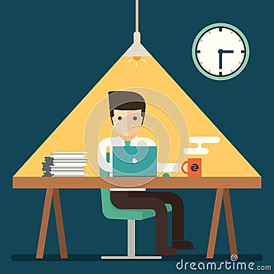 Businessman working overtime late night in office Vector Illustration