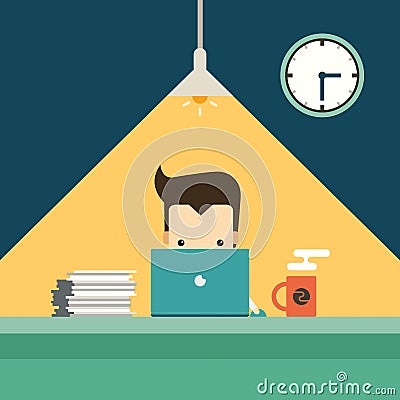 Businessman working overtime late night in office Vector Illustration