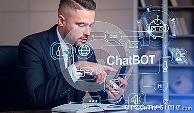 Businessman working with smartphone using chat bot, chatbot comm Stock Photo