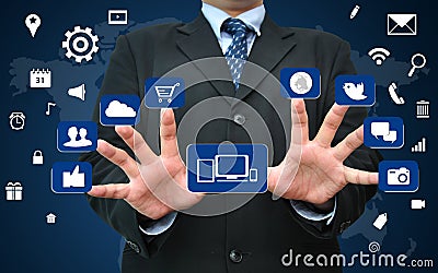 Businessman working on social media icon concept Stock Photo