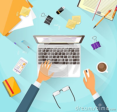 Businessman Workplace Desk Hands Working Laptop Vector Illustration