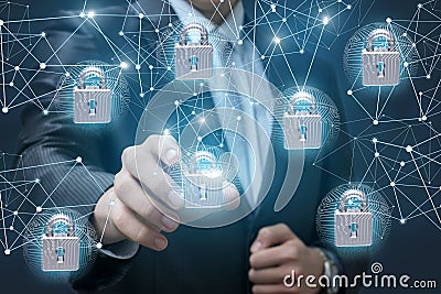 A businessman works in the block chain . Stock Photo