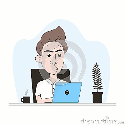 Businessman works at home. Man sits at desk on armchair while working on a laptop. Concept of home work or freelance and quarantin Vector Illustration