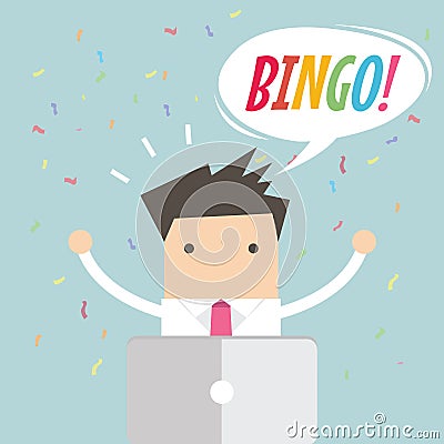 Businessman works on laptop and a win jackpot, financial success. Vector Illustration