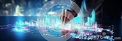 Businessman works with touching sensitive screen technology, monitoring progress, checking graphs and reports Stock Photo