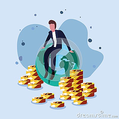 businessman world business coins Cartoon Illustration
