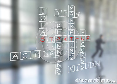 Businessman write business start-up diagram on wall glass Stock Photo