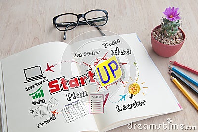 Businessman write Notebook word Start up Stock Photo