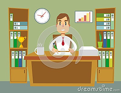 Businessman writing a business plan, tax letter, financial report. A man sits, table with a sheet of paper. Flat style Vector Illustration