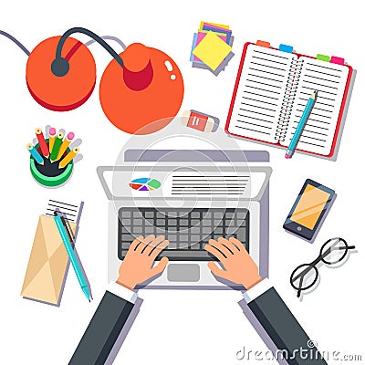 Businessman writing sales or report on a laptop Vector Illustration