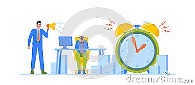 Businessman Yelling in Loudspeaker on Man Office Employee Sitting at Workplace. Company Leader Hurry Worker with Job Vector Illustration