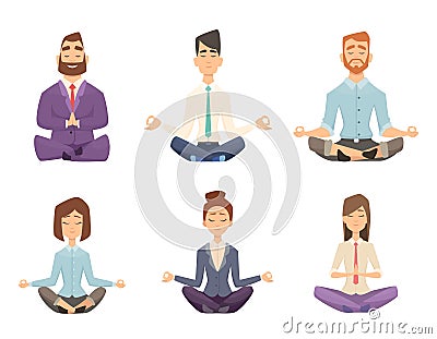 Businessman yoga. Man and woman relaxing meditation at workspace table vector concept cartoon illustration Vector Illustration