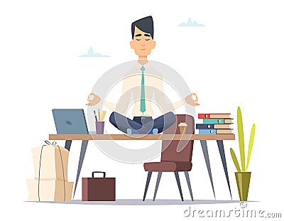 Businessman yoga meditation. Office relax in stressed work busy man sitting in lotus yoga practice at workspace vector Vector Illustration