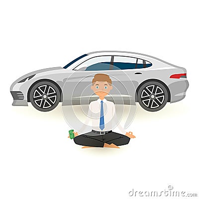 Businessman yoga meditation with pack of dollars in hand and expensive car behind. Office relax in stressed work busy Vector Illustration