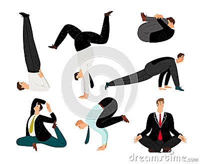 Businessman yoga. Suit meditation and zen relax business man poses, office exercising positions for human health Vector Illustration