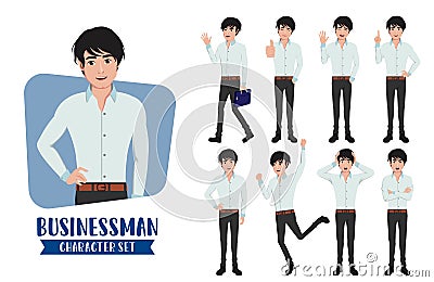 Businessman young character vector set. Business man characters in different standing pose and gestures. Vector Illustration