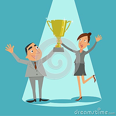 Businessman and young girl holds trophy winner. Vector Illustration