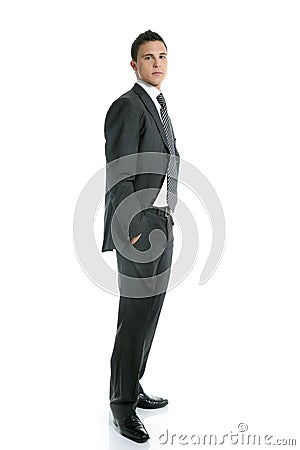 Businessman young stand up, full length on white Stock Photo
