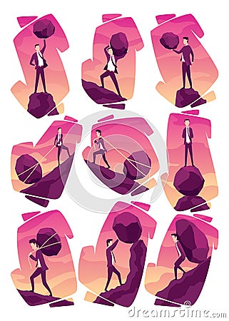 Businessmans with boulders vector illustration set. Stressed mans carry heavy stone on shoulder overwhelmed with problem Vector Illustration